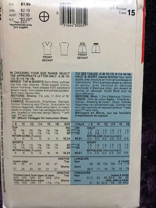 PATTERN SEE & SEW 5645 (COMPLETE) - TOP & SHORTS (SIZE 14-16-18)