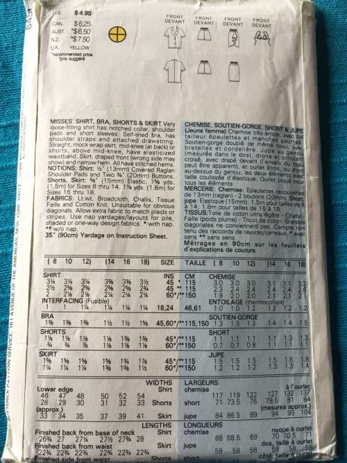 PATTERN BUTTERICK 6457 - BRA, SHIRTS, SHORTS & SKIRT (SIZE 8-10-12)