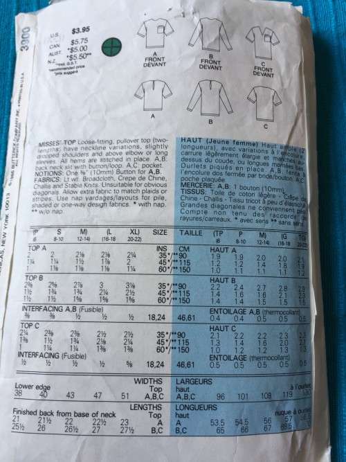 PATTERN BUTTERICK 3900 (COMPLETE) - TOP (SIZE L-XL)