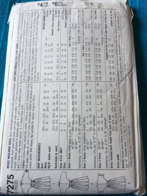 PATTERN SIMPLICITY 7275 (COMPLETE) - MOCK-WRAP DRESS (SIZE 6-8-10)