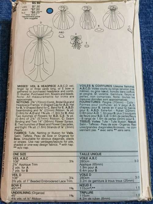 PATTERN VOGUE 9822 (UNUSED) - MISSES` VEIL and HEADPIECE (ONE SIZE)