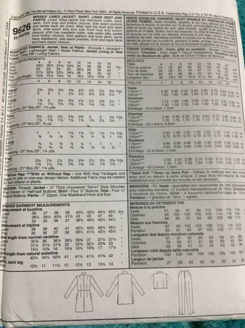 PATTERN MCCALL`S 9626 (UNUSED) - JACKET, SHIRT, VEST and PANTS (SIZE 18)