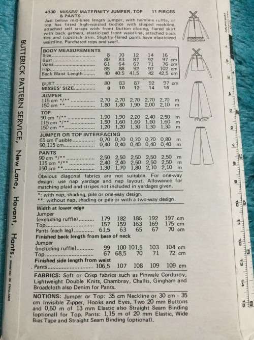 PATTERN BUTTERICK 4330 (VINTAGE)(UNUSED) - MATERNITY JUMPER, TOP and PANTS (SIZE 10)