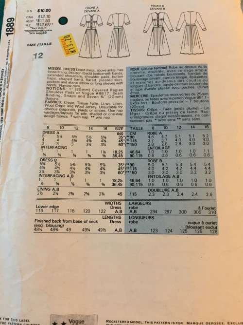 PATTERN VOGUE 1889 (ALBERT NIPON) - DRESS (SIZE 12)
