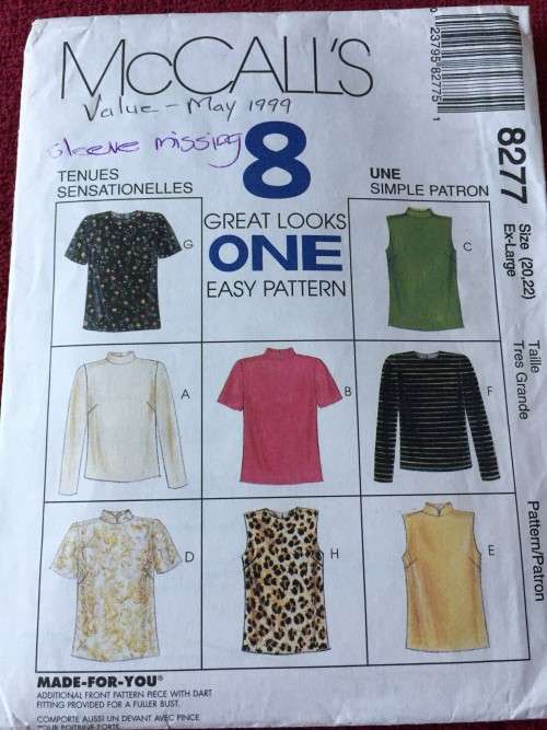 PATTERN MCCALL`S 8277 (SLEEVE MISSING) - VARIETY OF TOPS (SIZE 20-22) BIG SIZE