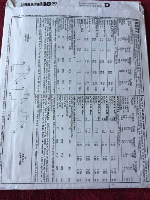 PATTERN MCCALL`S 8277 (SLEEVE MISSING) - VARIETY OF TOPS (SIZE 20-22) BIG SIZE
