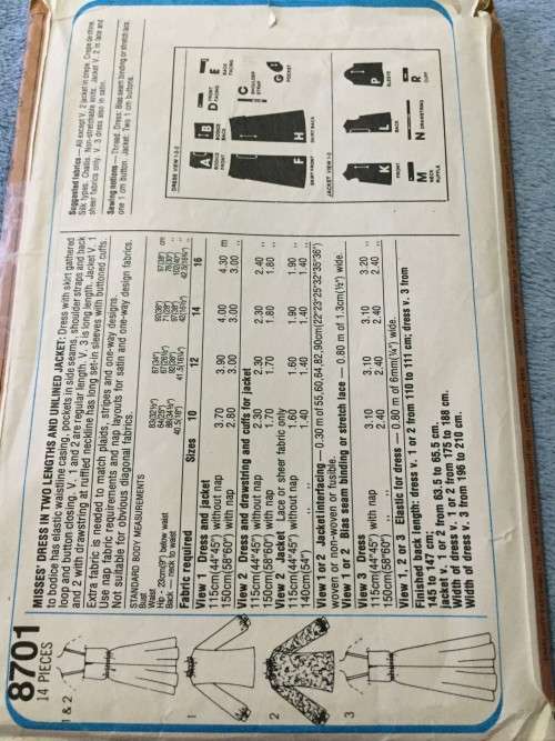 PATTERN SIMPLICITY 8701*1978 (VINTAGE) - DRESS AND JACKET (SIZE 14)