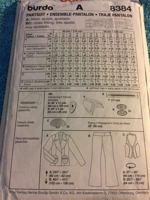 PATTERN BURDA 8384 - PANTSUIT (SIZE 8-18)