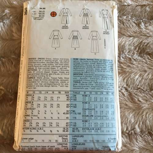 PATTERN BUTTERICK 3526 - DRESS (SIZE 14-16-18)
