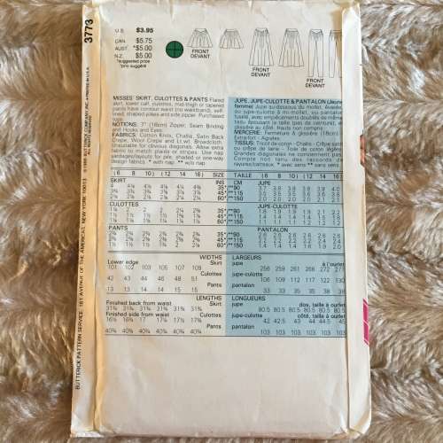 PATTERN BUTTERICK 3773 - SKIRT, CULOTTES and PANTS (SIZE 6-8-10)