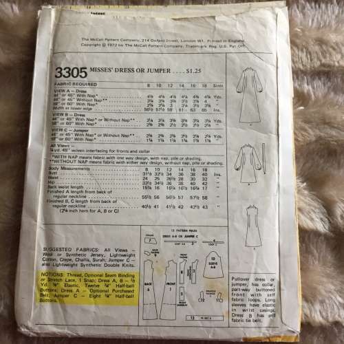 PATTERN MCCALL`S 3305*1972 (VINTAGE)(NO INSTRUCTION SHEET) - DRESS OR JUMPER (SIZE 16)