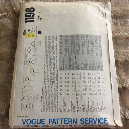 PATTERN VOGUE 1198 - DRESS, TOP and SKIRT (SIZE 14)