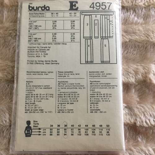PATTERN BURDA 4957 - SKIRTS (SIZE 12-24)