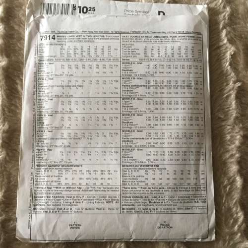 PATTERN MCCALL`S 7914 (UNUSED) - VESTS IN VARIOUS LENGTHS (SIZE 10-12-14)