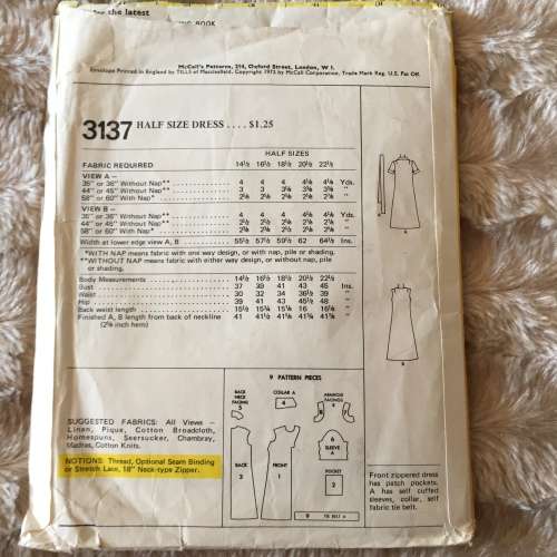 PATTERN MCCALL`S 3137*1972 (VINTAGE) - FRONT ZIP DRESS (SIZE 22.5)