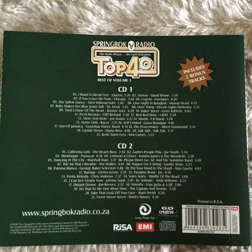 CD - SPRINGBOK RADIO TOP 40: BEST OF VOLUME 1 (2 CDS ORIGINAL NUMBER 1 HITS)(MINT)