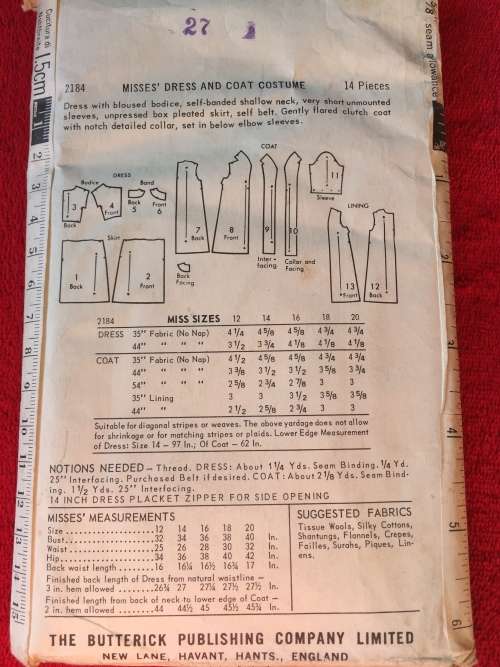 PATTERN BUTTERICK 2184 (VERY VINTAGE)(UNUSED) - DRESS and COAT COSTUME (SIZE 12)