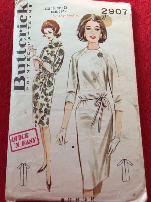 PATTERN BUTTERICK 2907 (VERY VINTAGE)(COMPLETE) - QUICK `N EASY SHIFT DRESS (SIZE 18)
