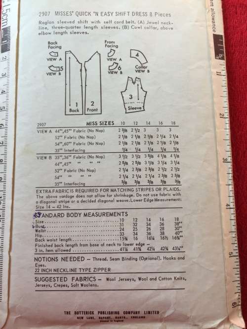 PATTERN BUTTERICK 2907 (VERY VINTAGE)(COMPLETE) - QUICK `N EASY SHIFT DRESS (SIZE 18)