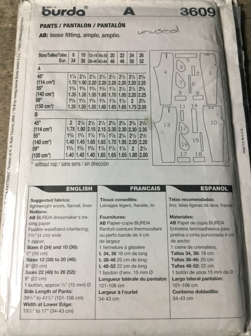 PATTERN BURDA 3609 (UNUSED) - PANTS (SIZE 8-26) BIG SIZE