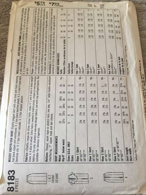 PATTERN SIMPLICITY 8183 (UNUSED) - BEAUTIFUL SKIRT VARIATIONS (SIZE 10-12-14)