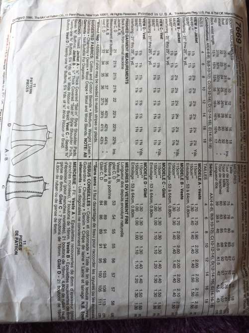 PATTERN MCCALL`S 7669 (COMPLETE, CUT ON 16) - JACKET and VEST (SIZE 12-14-16)