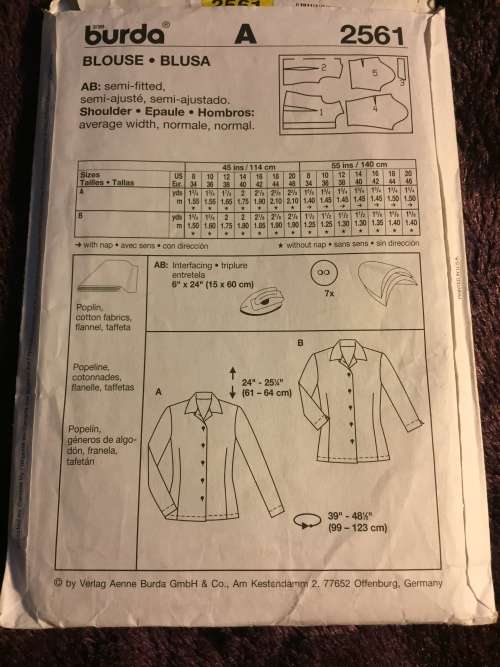 PATTERN BURDA 2561 - SEMI-FITTED BLOUSE (SIZE 8-20)