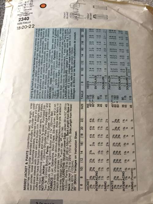 PATTERN VOGUE 2340 (DONNAKARAN)(COMPLETE, CUT ON 22) - STUNNINGJACKET/PANTS (SIZE 18-20-22)