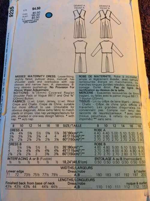 PATTERN VOGUE 9235 (COMPLETE, CUT ON 12) - UNUSUAL MATERNITY DRESS (SIZE 8-10-12)