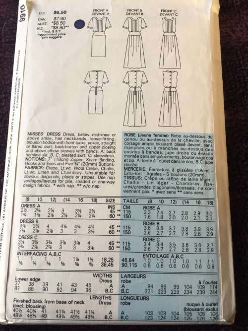 PATTERN VOGUE 9910 (COMPLETE CUT ON 16) - DRESS (SIZE 14-16)