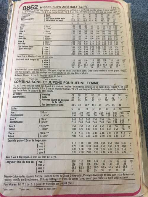 PATTERN SIMPLICITY 8862 (COMPLETE) - MISSES SLIPS AND HALF SLIPS (SIZE 12)