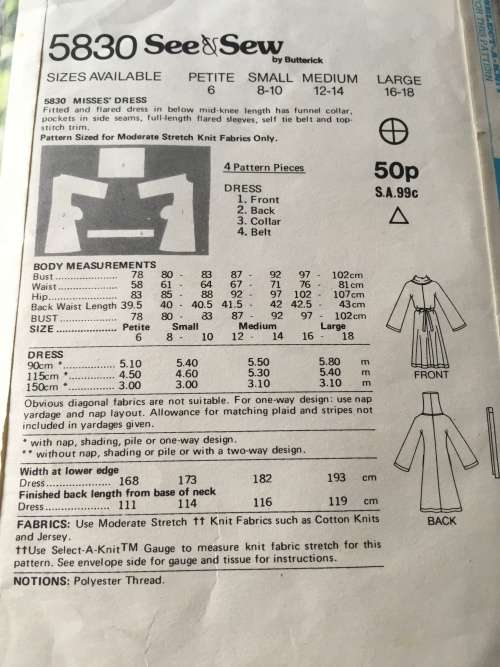 PATTERN SEE and SEW 5830 (VINTAGE) - DRESSES (SIZE SMALL)