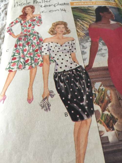 PATTERN BUTTERICK 3932 (NICOLE MILLER)(COMPLETE, CUT ON 14) - OFF THE SHOULDER DRESS (SIZE 12-14)