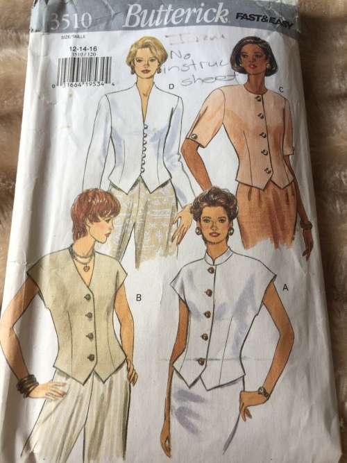 PATTERN BUTTERICK 3510 (NO INSTRUCTION SHEET) - TOPS (SIZE 12-14-16)