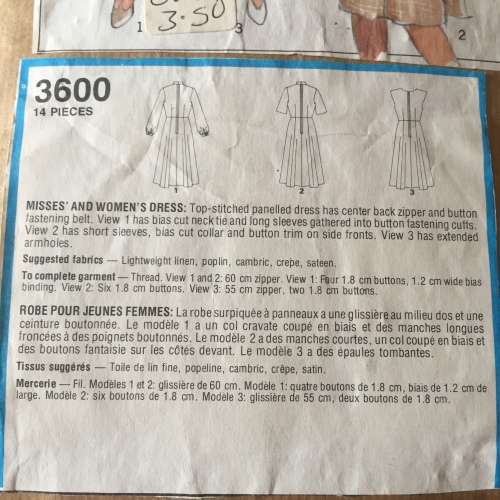 PATTERN STYLE 3600 (VINTAGE)(COMPLETE, CUT ON 20) - DRESSES (SIZE 20)