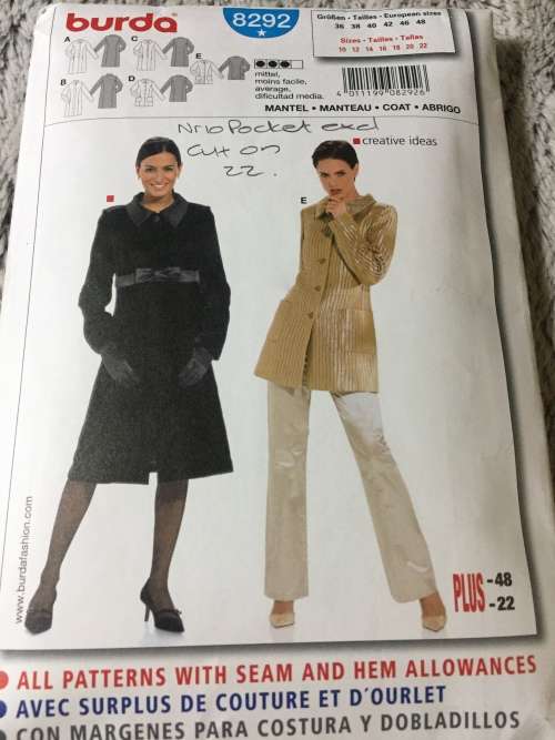 PATTERN BURDA 8292 (POCKET EXCL) - COAT (SIZE 10-22)