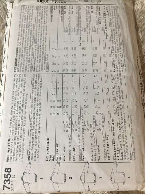 PATTERN SIMPLICITY 7358 - MEN`S JACKET (SIZE 38)
