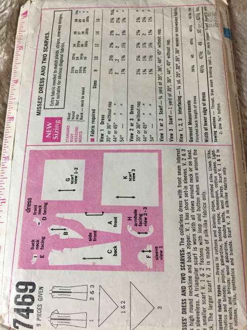 PATTERN SIMPLICTY 7469*1967 (VINTAGE) - DRESSES and SCARVES (SIZE 12)