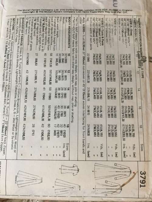 PATTERN MCCALL`S 3791 (VINTAGE) - DRESS,TUNIC,PANTS (SIZE 18)