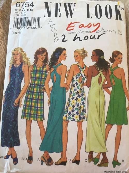 PATTERN NEW LOOK 6754 (COMPLETE,CUT ON 12) - DRESSES OPEN BACK (SIZE 8-10-12)