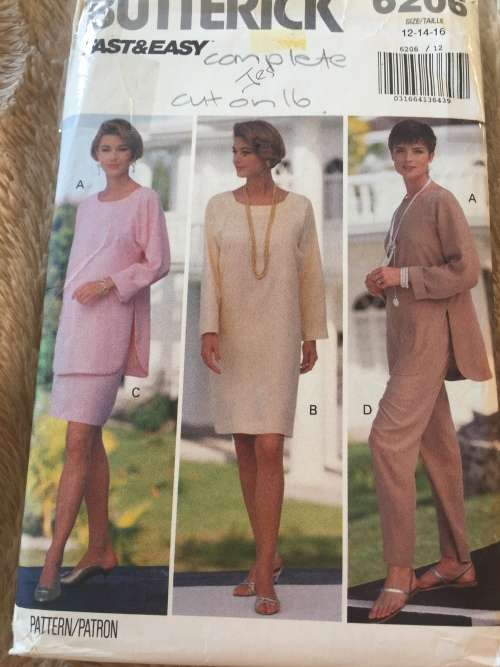 PATTERN BUTTERICK 6206 (COMPLETE, CUT ON 16) - PULLOVER DRESS,TUNIC,SKIRT,PANTS (SIZE 12-14-16)