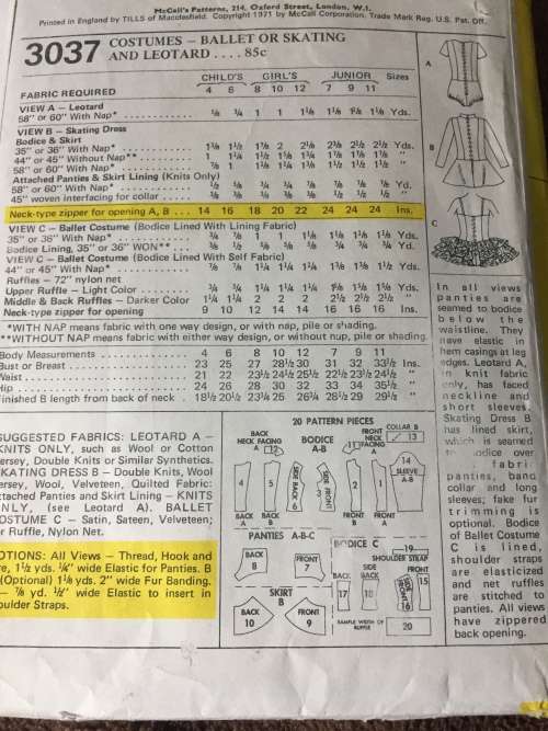 PATTERN MCCALL`S 3037 - GIRLS` COSTUMES - BALLET, ICE SKATING AND LEOTARD (SIZE 6)