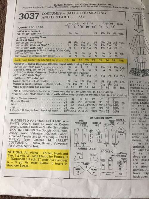 PATTERN MCCALL`S 3037 - GIRLS` COSTUMES - BALLET, ICE SKATING AND LEOTARD (SIZE 6)