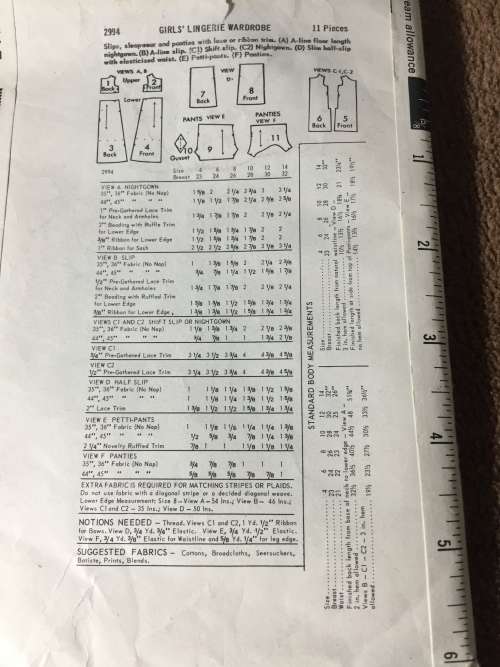 PATTERN BUTTERICK 2994 (VINTAGE) - GIRLS` LINGERIE WARDROBE (SIZE 6)