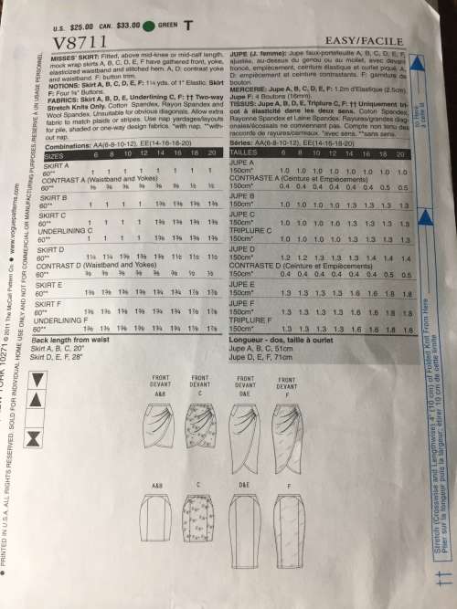 PATTERN VOGUE 8711 OPTIONS - SKIRT VARIATIONS (SIZE 6-12)
