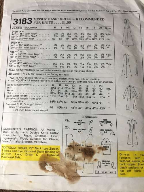 PATTERN MCCALL`S 3183 (VINTAGE) - BASIC DRESS (SIZE 12)