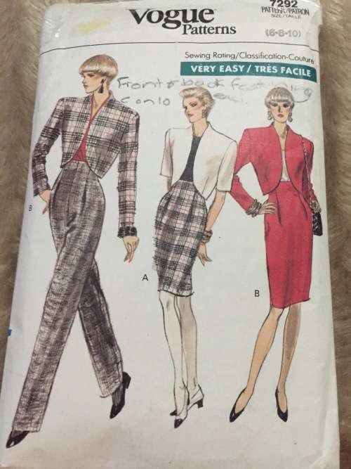 PATTERN VOGUE 7292 (FRONTandBACK FACING EXCL, CUT ON 10) - JACKET.SKIRT,PANTS (SIZE6-10)