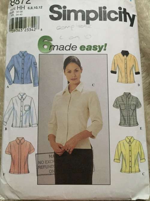 PATTERN SIMPLICITY 8872 (COMPLETE, CUT ON 10) - BLOUSE VARIATIONS (SIZE 6-8-10)