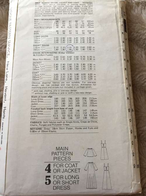 PATTERN VOGUE 9802 (VINTAGE, COMPLETE) - DRESS,JACKET,COAT (SIZE 12)