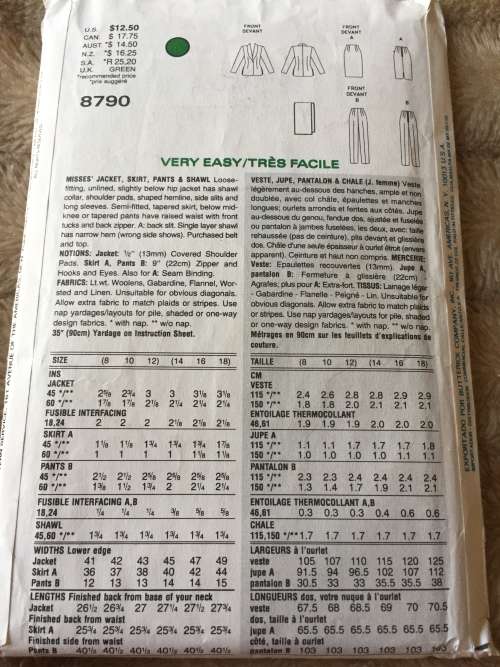 PATTERN VOGUE 8790 (UNUSED) - JACKET,SKIRT,PANTS,SHAWL (SIZE 8-10-12)